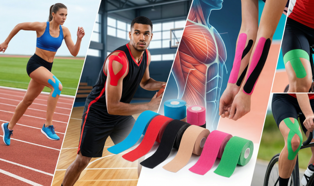 Illustration montrant l'application de bandes de strap de couleur sur des sportifs pratiquant la course, le basket et le vélo, mettant en avant les différentes options de maintien pour la performance.